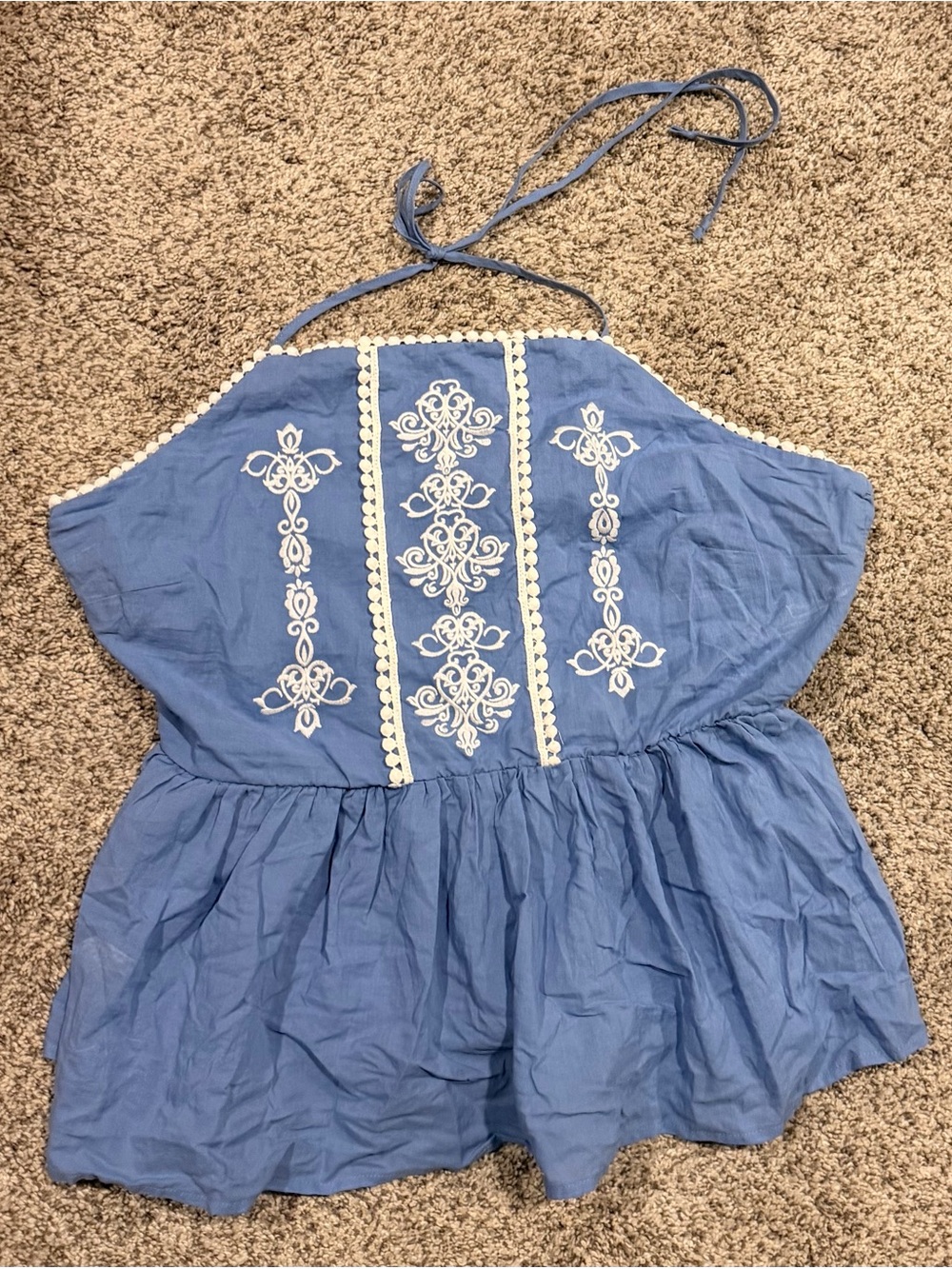 Blue Embroidered Halter Peplum Top